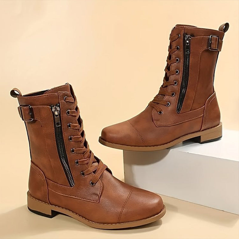 Rosalie | Damen Schnürstiefel mit Reißverschluss Flache Stiefel