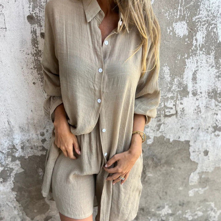 Sena | Damen Zweiteiler Set Hemdbluse Weite Hose Sommer