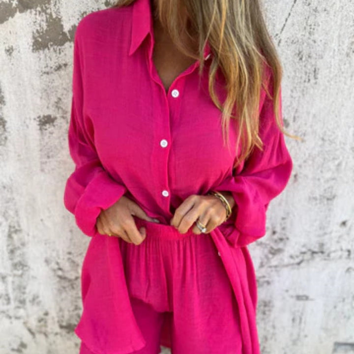 Sena | Damen Zweiteiler Set Hemdbluse Weite Hose Sommer