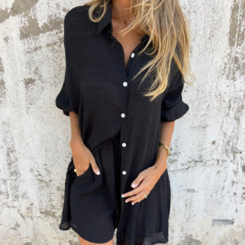 Sena | Damen Zweiteiler Set Hemdbluse Weite Hose Sommer