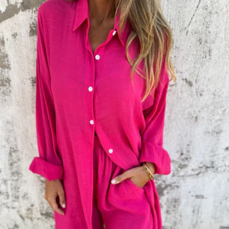 Sena | Damen Zweiteiler Set Hemdbluse Weite Hose Sommer