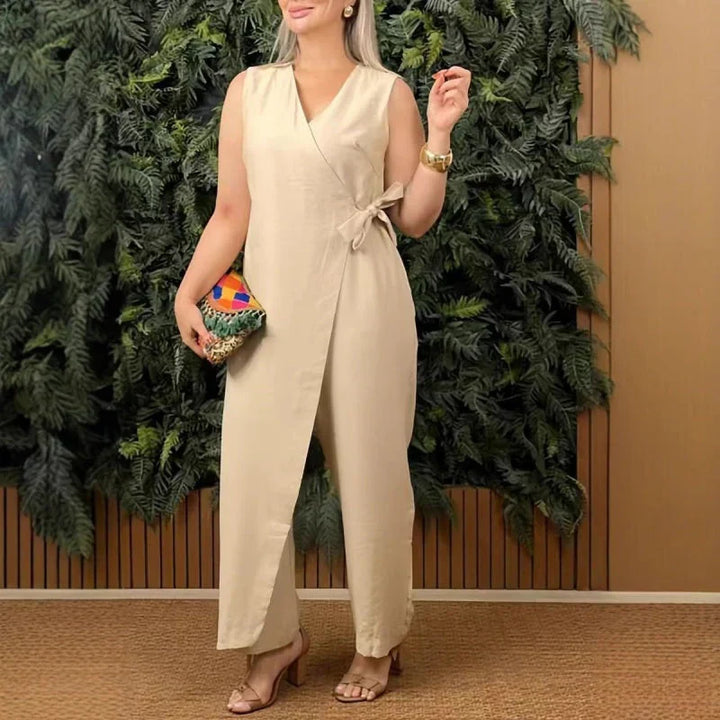 Coral | Damen Jumpsuit Ärmellos V-Ausschnitt Bindegürtel Unifarbe