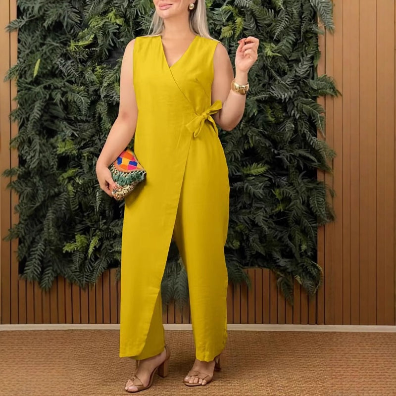 Terra | Damen Jumpsuit Ärmellos Wickel V-Ausschnitt Bindegürtel