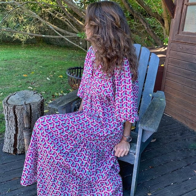 Rosa | Damen Boho Maxi-Kleid Puffärmel V-Ausschnitt Muster