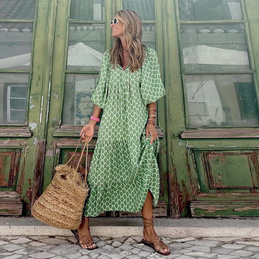 Rosa | Damen Boho Maxi-Kleid Puffärmel V-Ausschnitt Muster