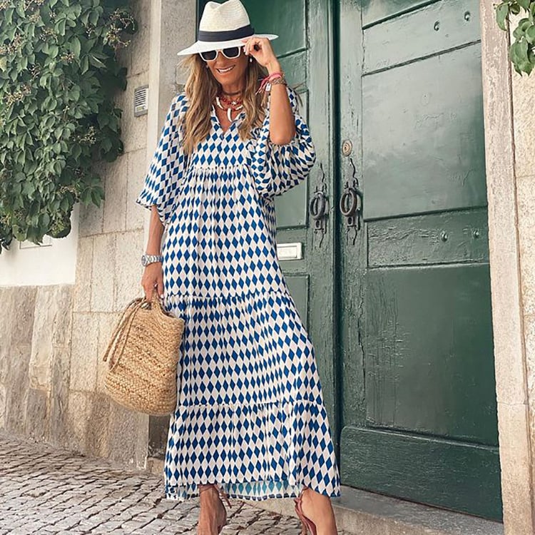 Rosa | Damen Boho Maxi-Kleid Puffärmel V-Ausschnitt Muster