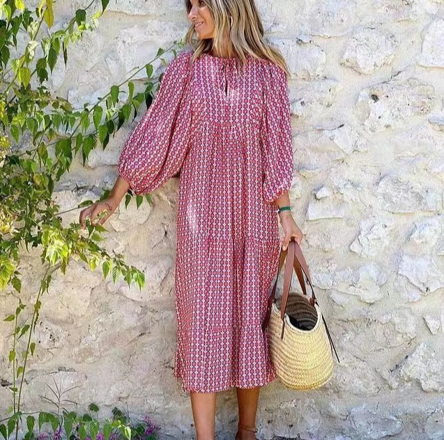 Rosa | Damen Boho Maxi-Kleid Puffärmel V-Ausschnitt Muster