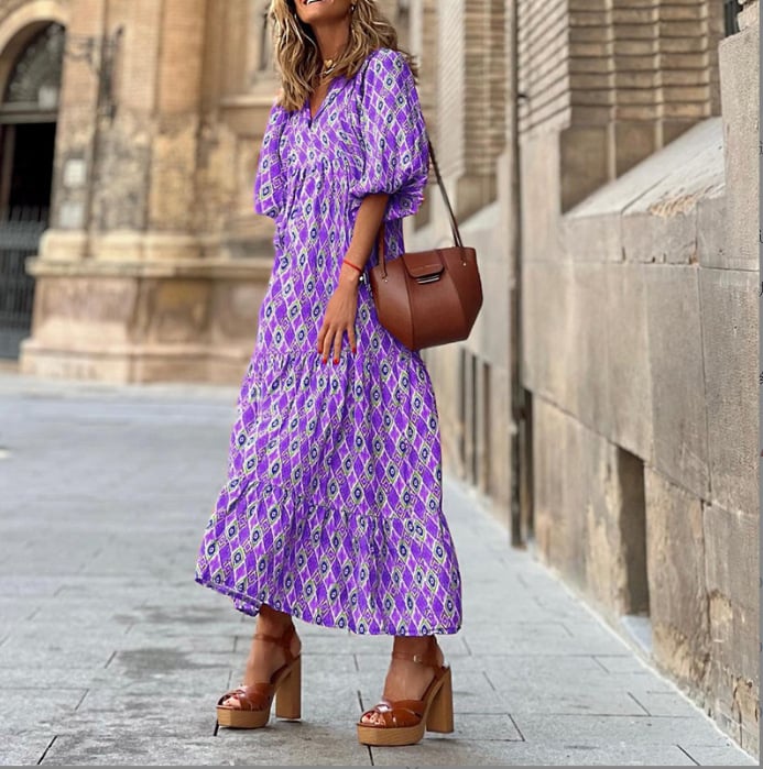 Rosa | Damen Boho Maxi-Kleid Puffärmel V-Ausschnitt Muster