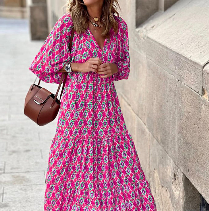 Rosa | Damen Boho Maxi-Kleid Puffärmel V-Ausschnitt Muster
