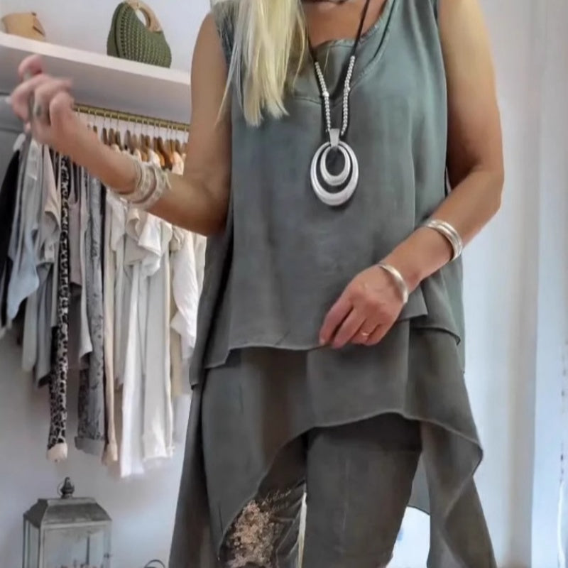 Nina | Damen Set 2-teilig Asymmetrisches Top Blumen Hose Sommer
