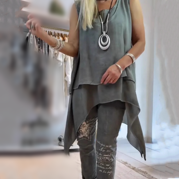 Nina | Damen Set 2-teilig Asymmetrisches Top Blumen Hose Sommer