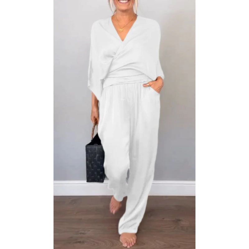 Aria | Damen Set Wickeltop V-Ausschnitt Weite Hose Elegant
