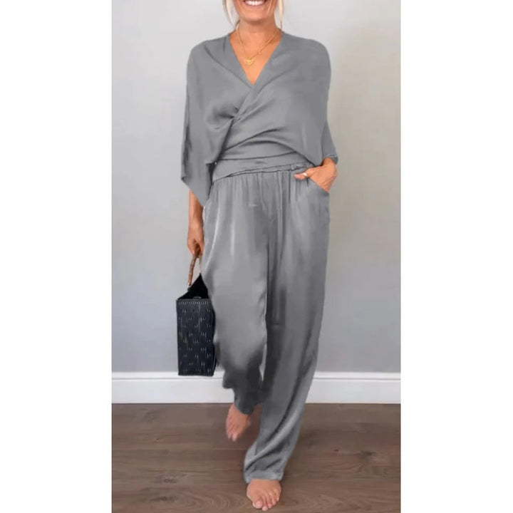 Aria | Damen Set Wickeltop V-Ausschnitt Weite Hose Elegant