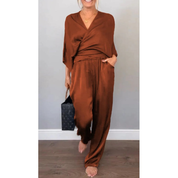 Aria | Damen Set Wickeltop V-Ausschnitt Weite Hose Elegant