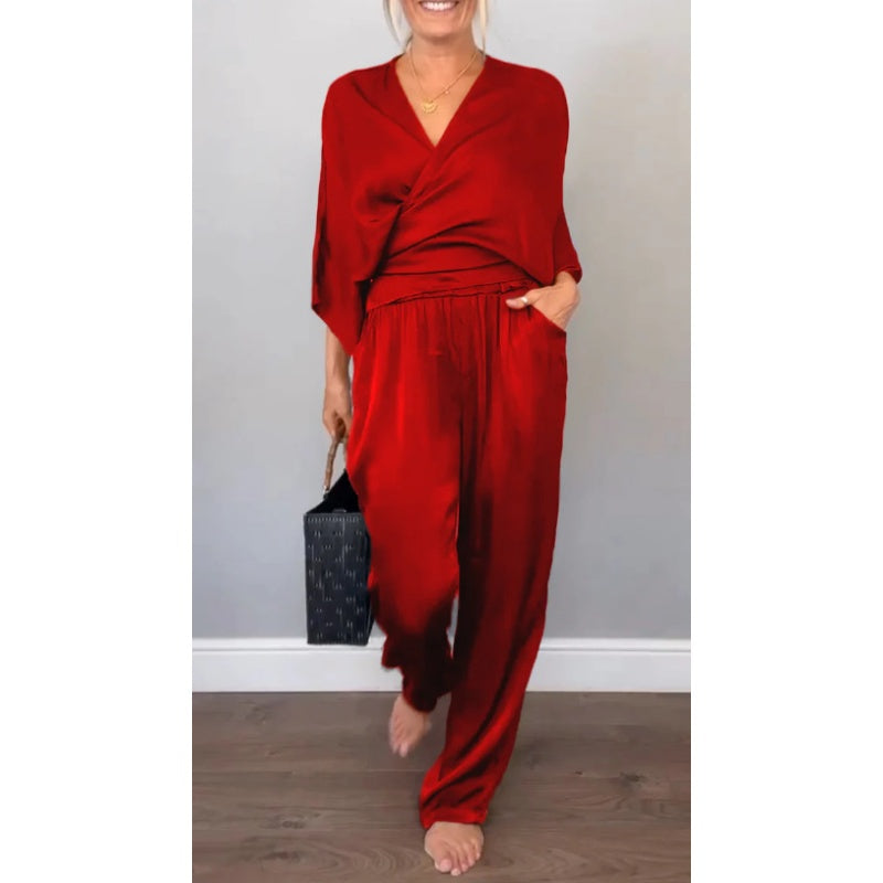 Aria | Damen Set Wickeltop V-Ausschnitt Weite Hose Elegant