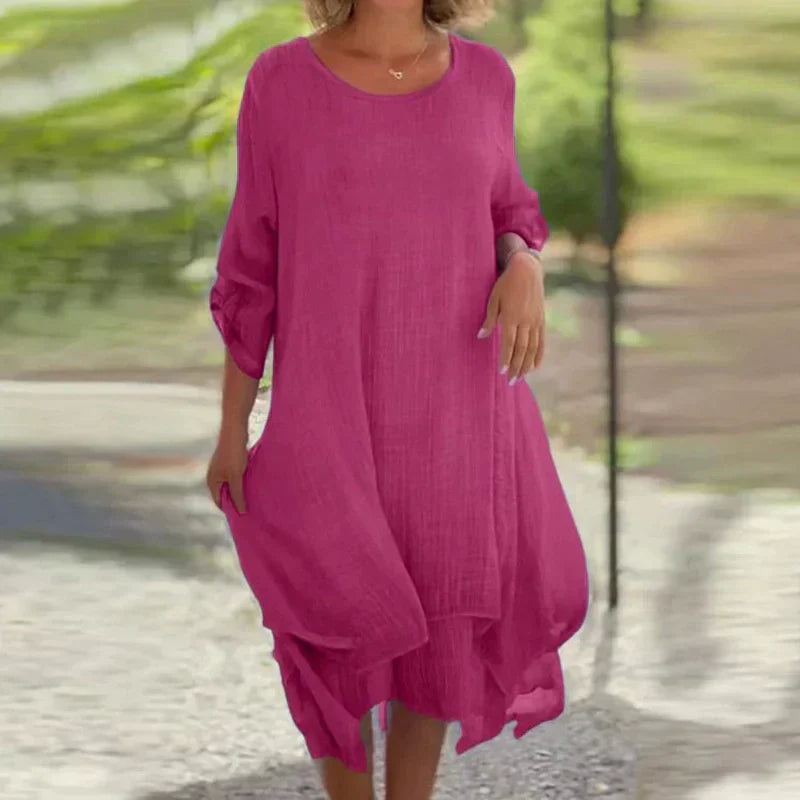 Clara | Damen Kleid Midi 3/4-Arm Lagenlook Asymmetrisch