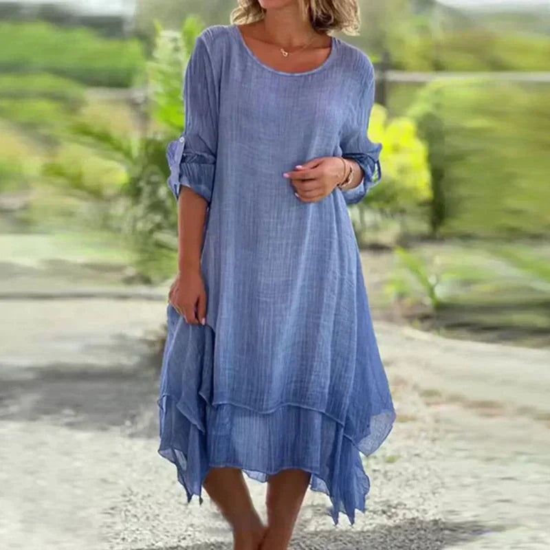 Clara | Damen Kleid Midi 3/4-Arm Lagenlook Asymmetrisch