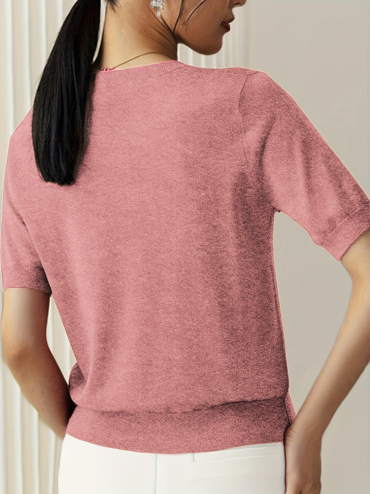 Sunniva | Damen Kurzarm Strickpullover Rundhals - Grey - Image 11