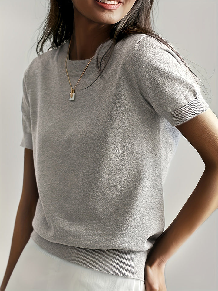 Sunniva | Damen Kurzarm Strickpullover Rundhals - Grey - Image 13