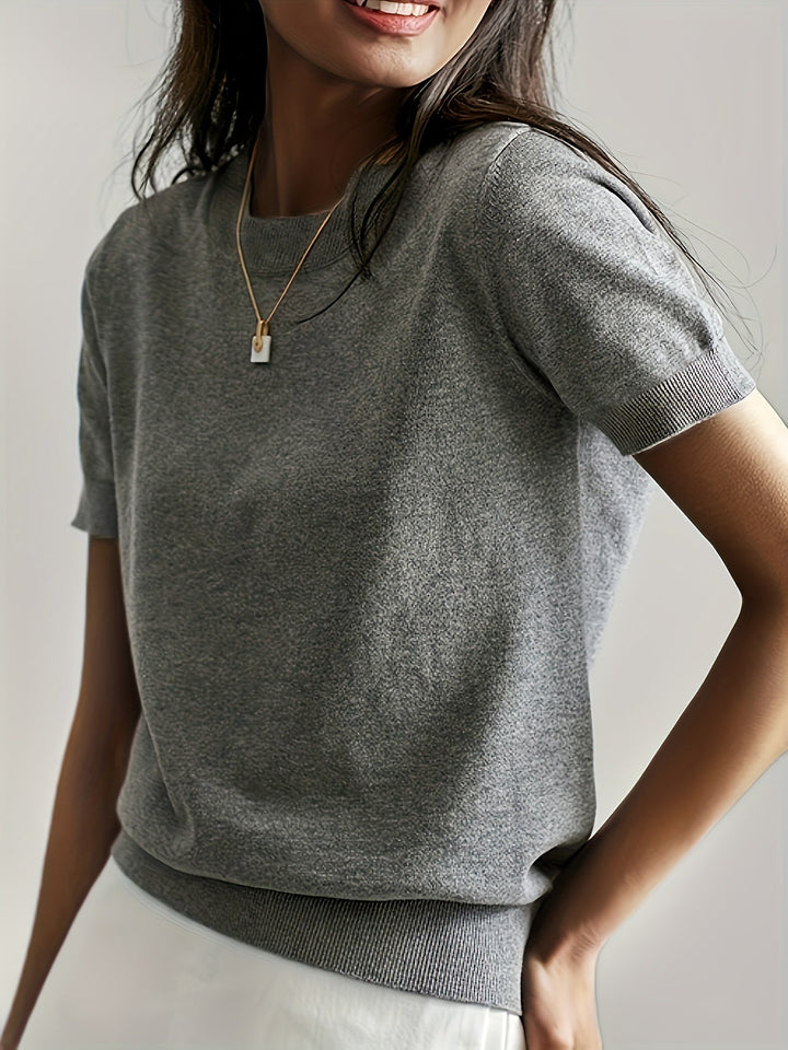 Sunniva | Damen Kurzarm Strickpullover Rundhals - Grey - Image 15