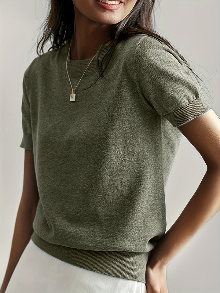 Sunniva | Damen Kurzarm Strickpullover Rundhals - Grey - Image 17