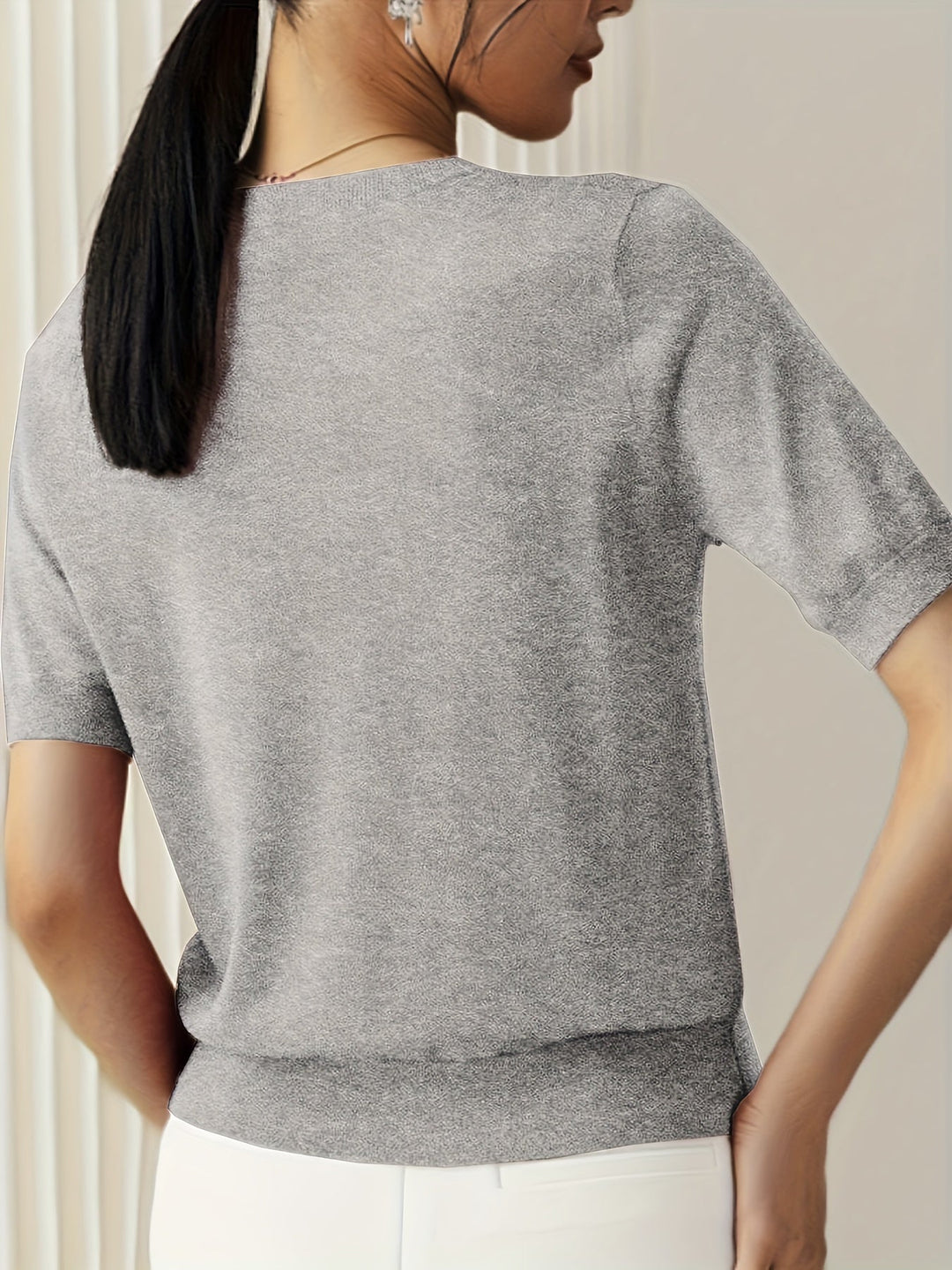 Sunniva | Damen Kurzarm Strickpullover Rundhals - Grey - Image 2