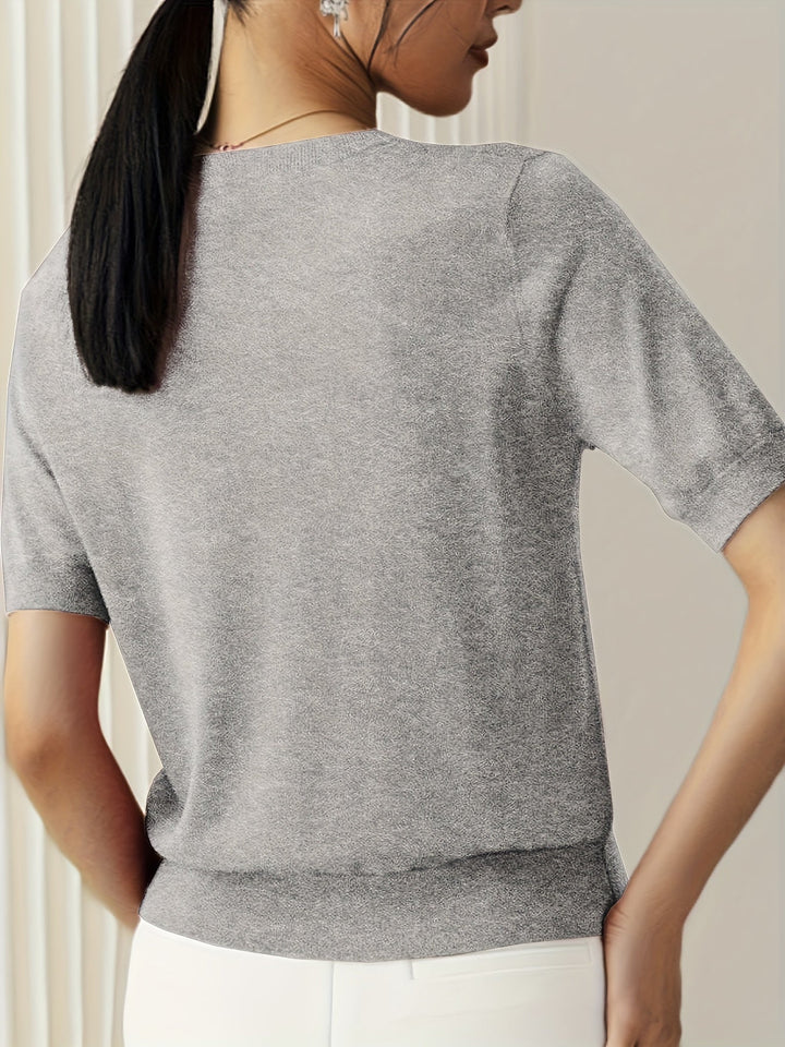 Sunniva | Damen Kurzarm Strickpullover Rundhals - Grey - Image 2