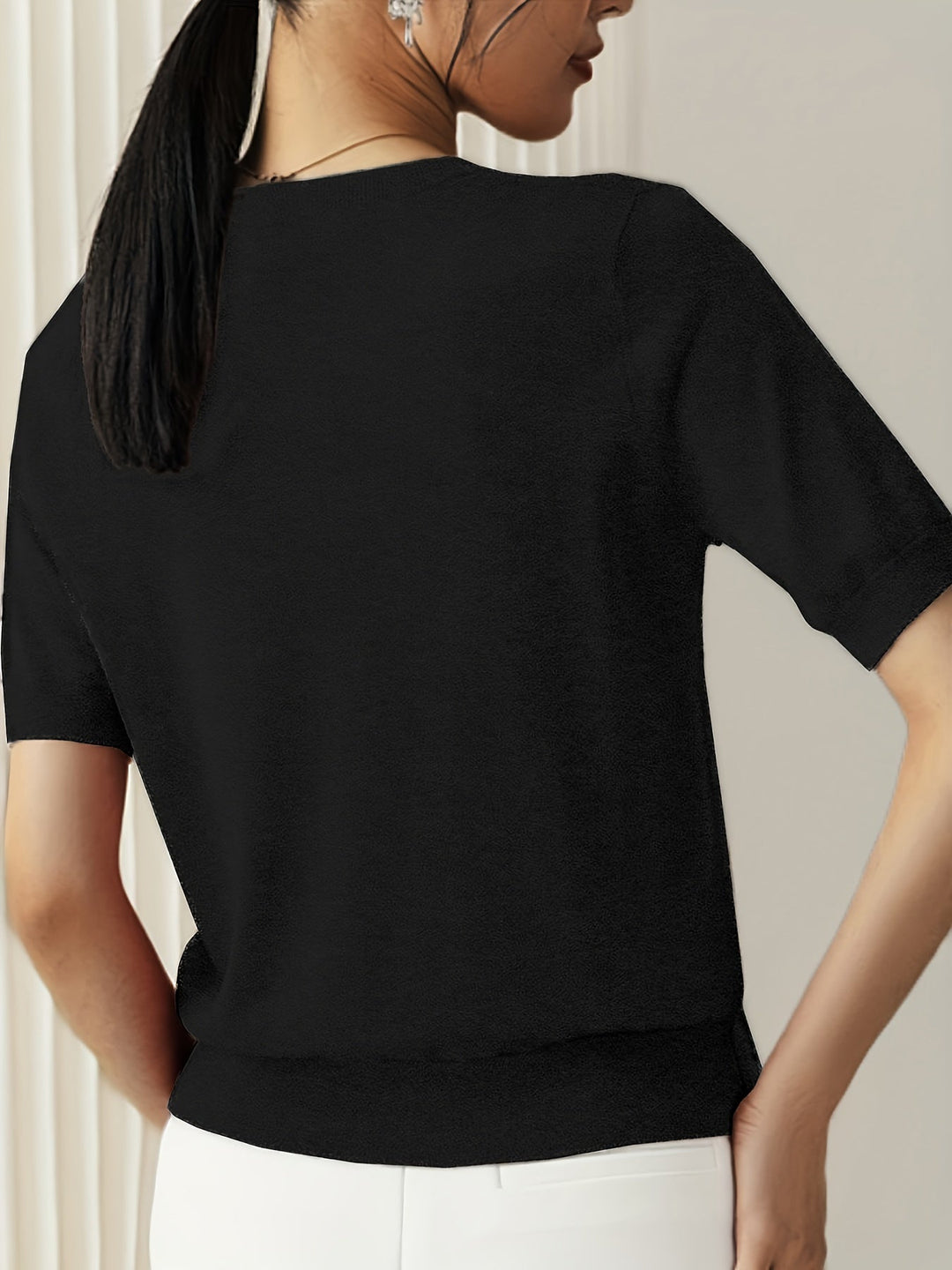 Sunniva | Damen Kurzarm Strickpullover Rundhals - Grey - Image 3