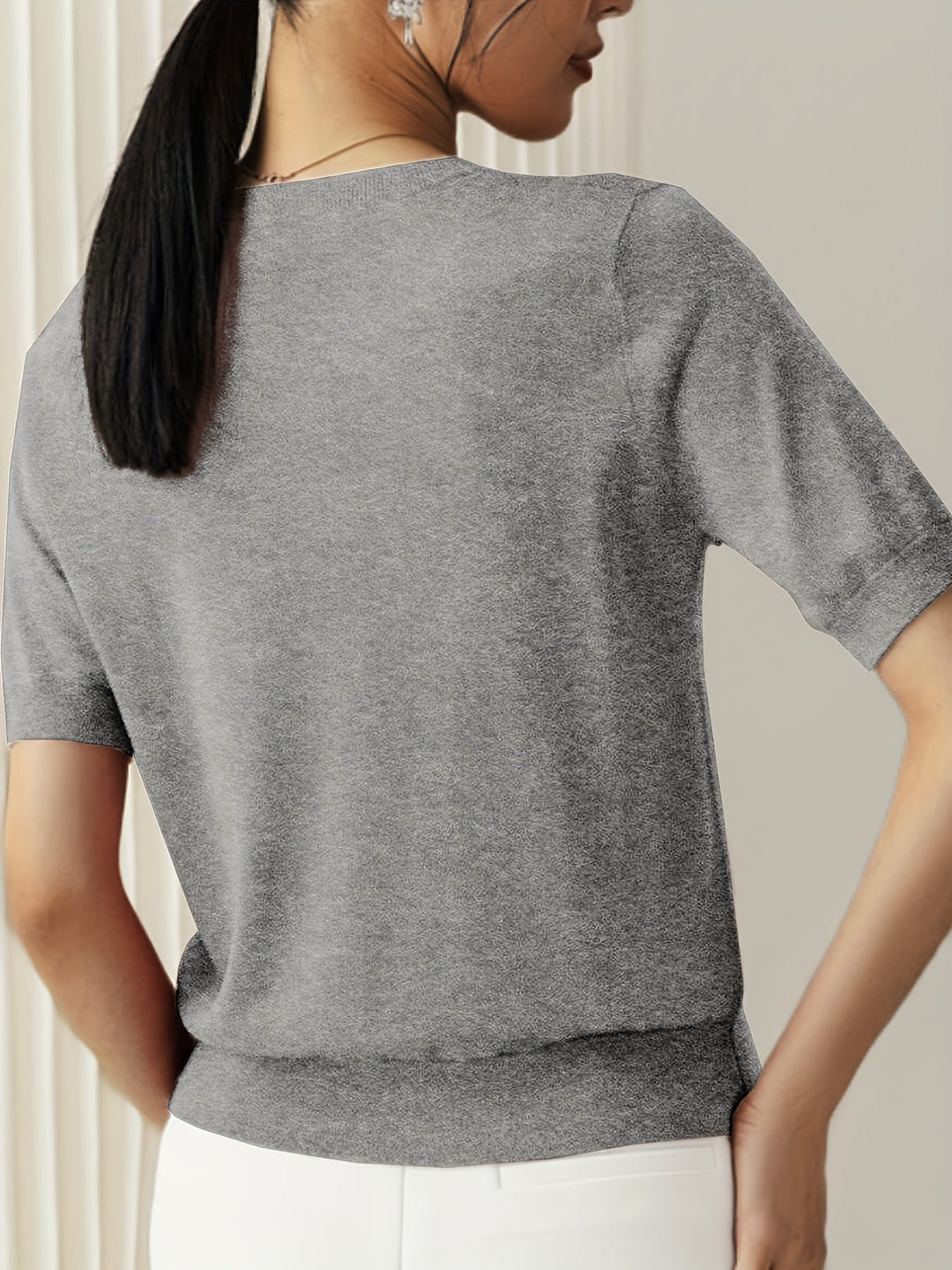 Sunniva | Damen Kurzarm Strickpullover Rundhals - Grey - Image 5