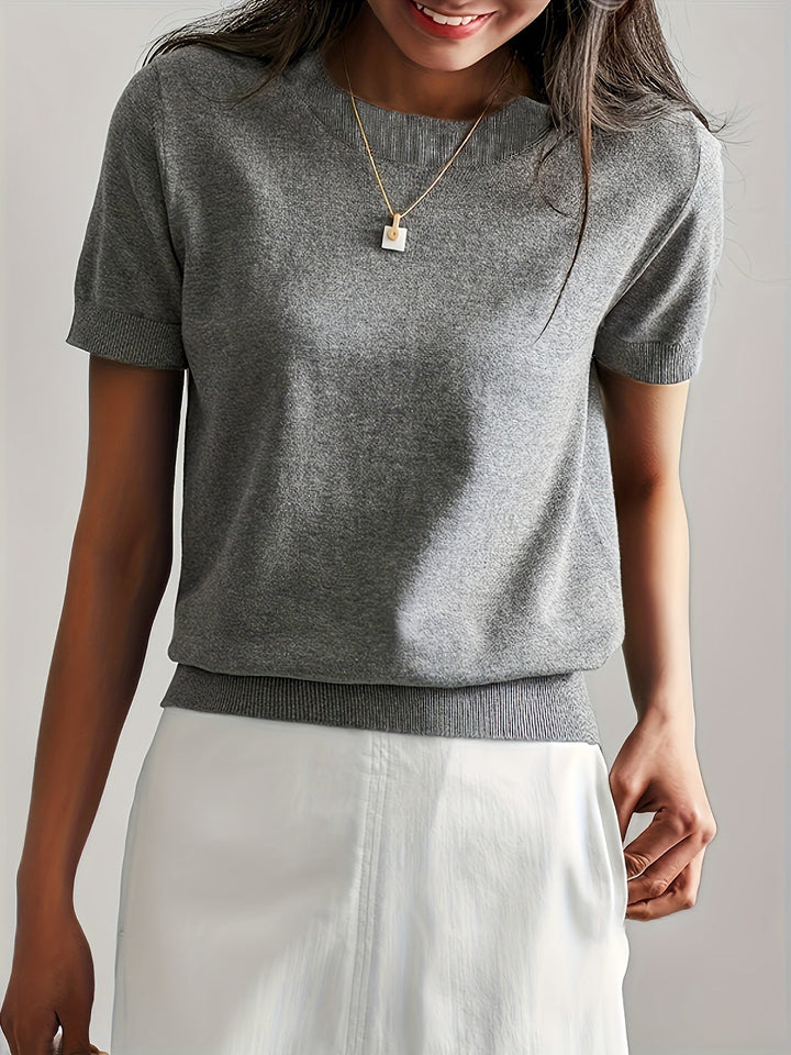 Sunniva | Damen Kurzarm Strickpullover Rundhals - Grey - Image 6