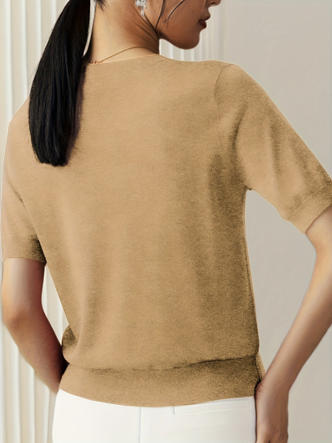 Sunniva | Damen Kurzarm Strickpullover Rundhals - Grey - Image 7