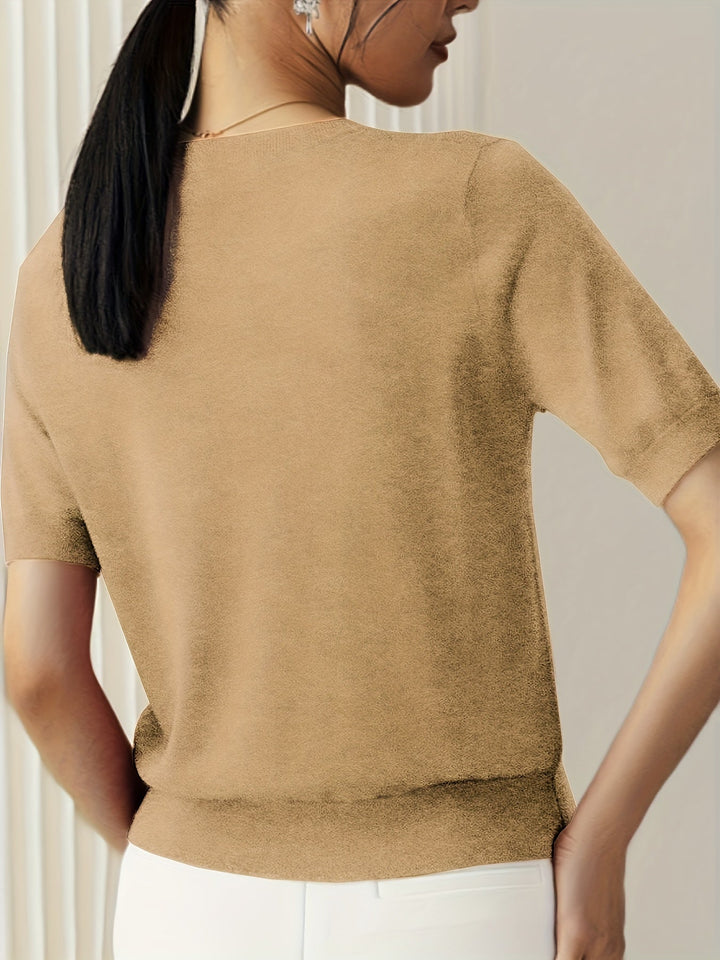 Sunniva | Damen Kurzarm Strickpullover Rundhals - Grey - Image 7