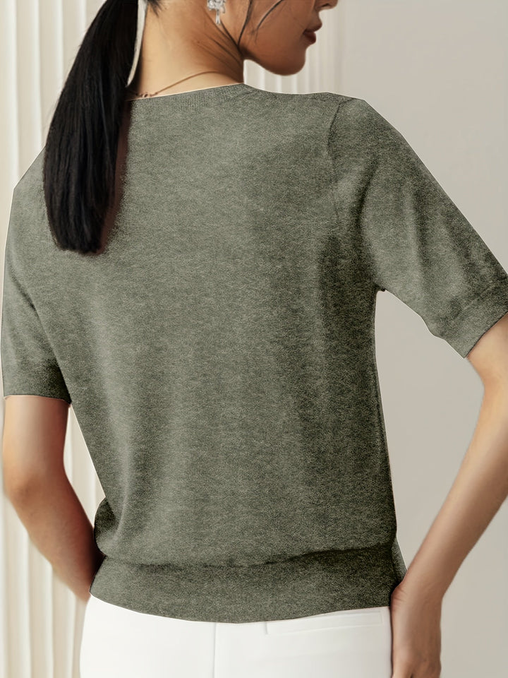 Sunniva | Damen Kurzarm Strickpullover Rundhals - Grey - Image 9