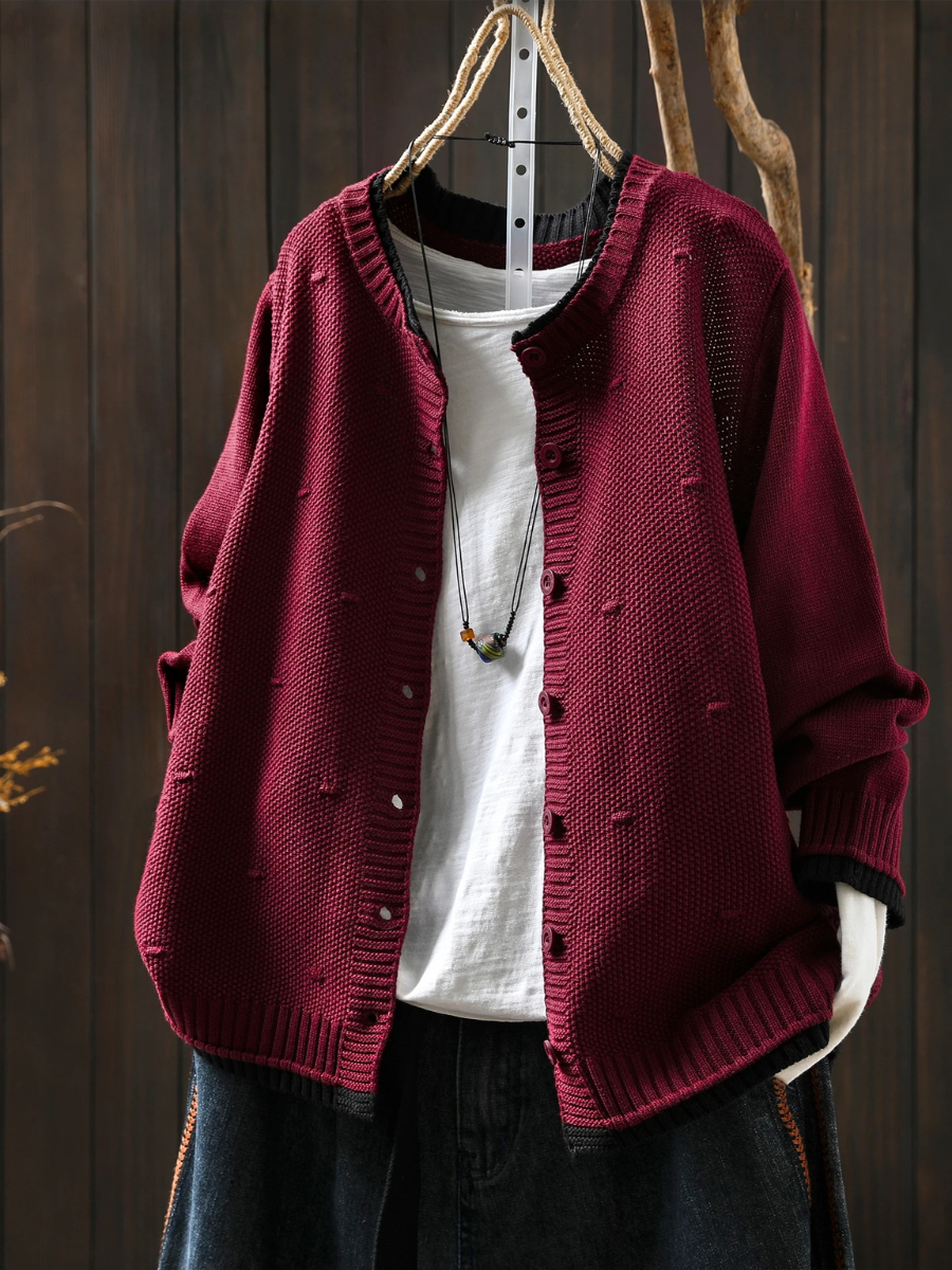 Svanheidra | Damen Oversized Strickjacke mit Knöpfen - Burgundy - Image 1