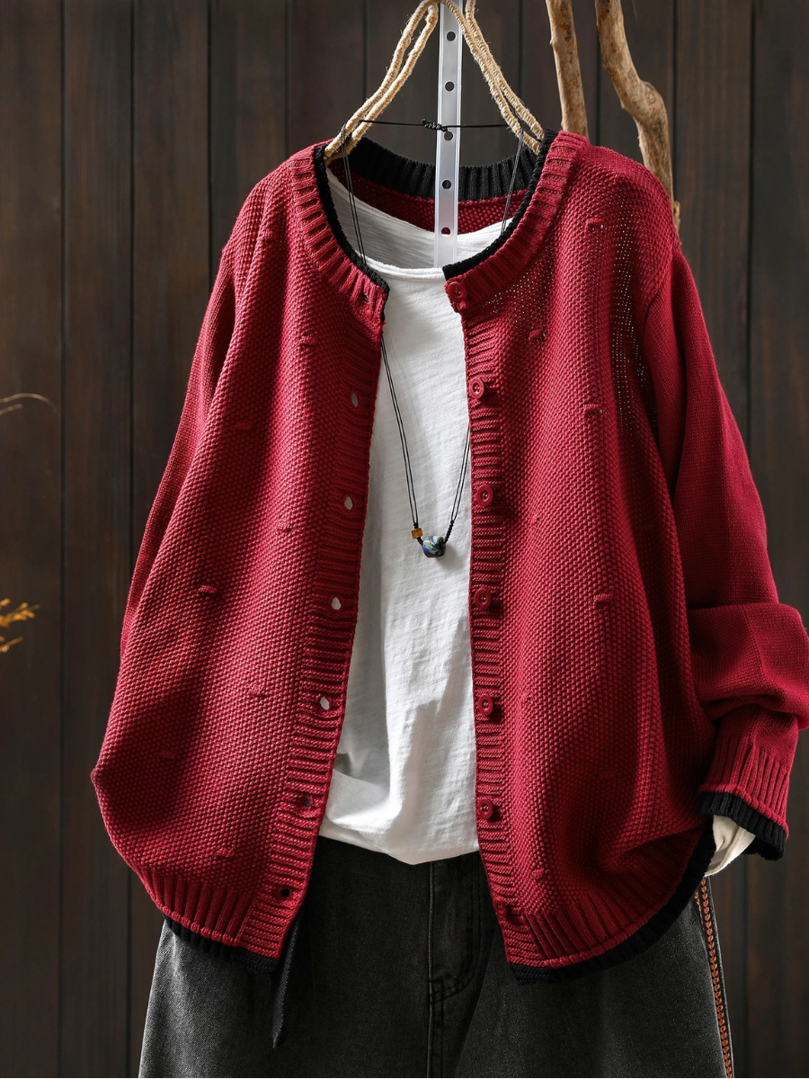 Svanheidra | Damen Oversized Strickjacke mit Knöpfen - Burgundy - Image 3