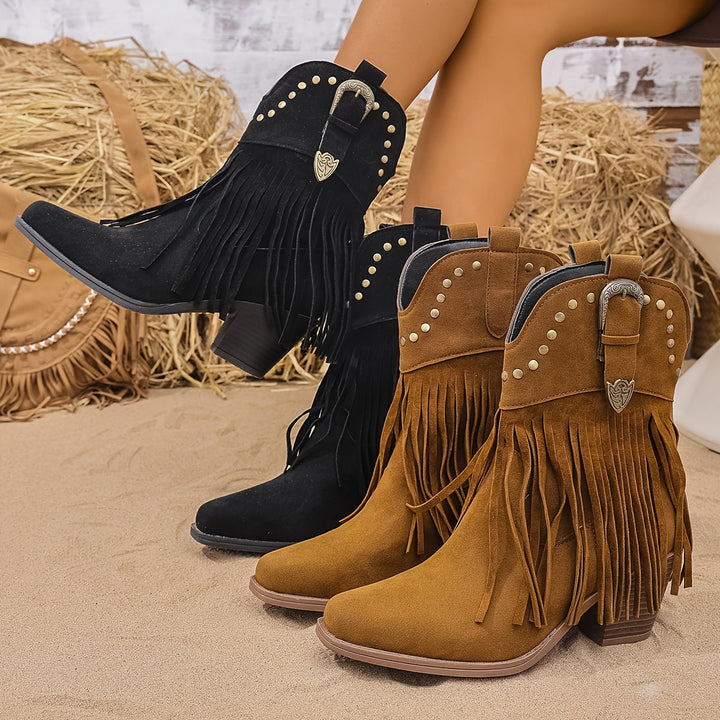 Svanhild | Damen Western Cowboy Stiefel mit Fransen - Camel - Image 12
