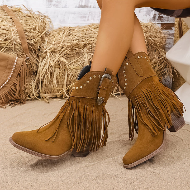 Svanhild | Damen Western Cowboy Stiefel mit Fransen - Camel - Image 2