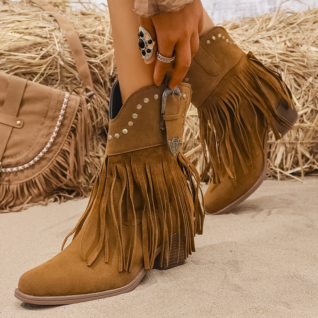 Svanhild | Damen Western Cowboy Stiefel mit Fransen - Camel - Image 3