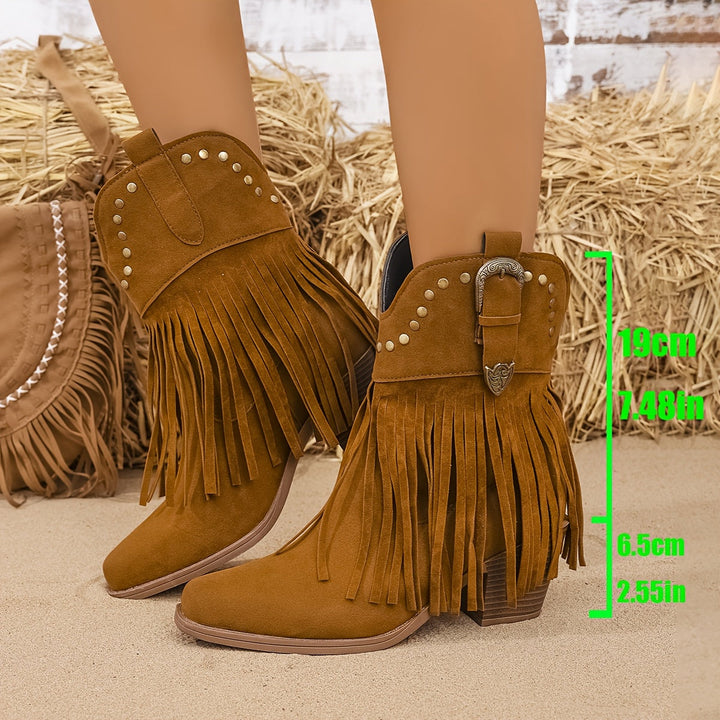 Svanhild | Damen Western Cowboy Stiefel mit Fransen - Camel - Image 6