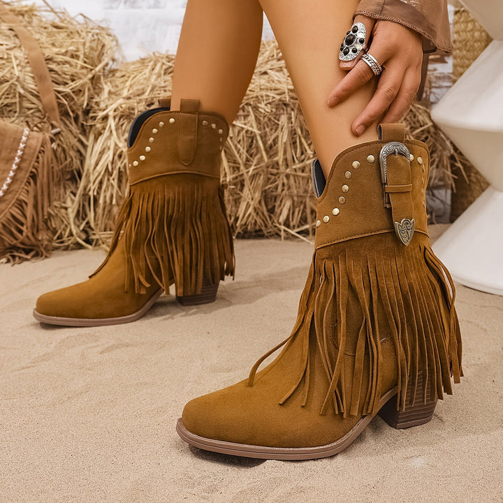 Svanhild | Damen Western Cowboy Stiefel mit Fransen - Camel - Image 7