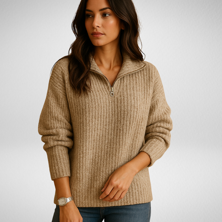 Svanhilde | Damen Halbzip-Strickpullover - Camel - Image 1