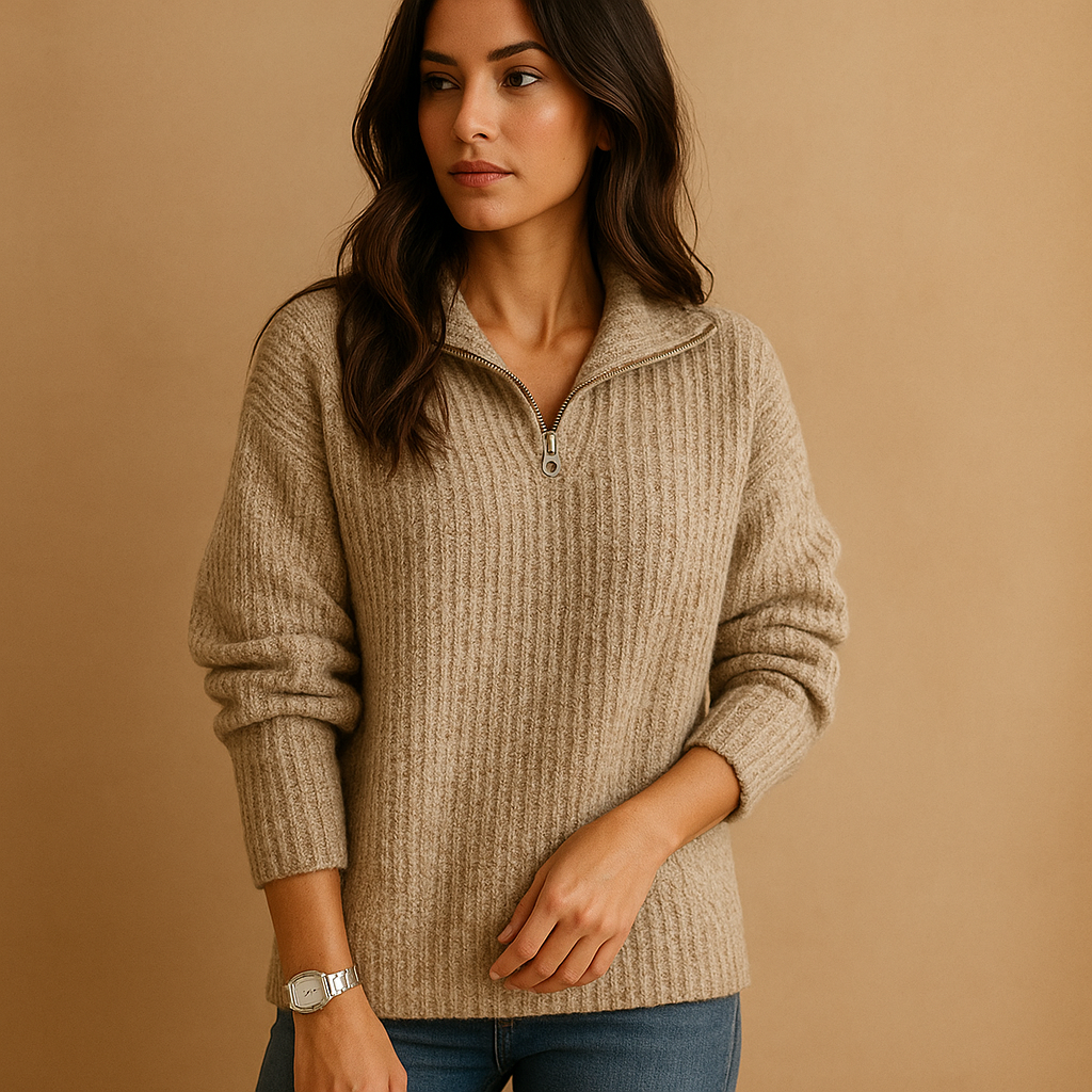 Svanhilde | Damen Halbzip-Strickpullover - Camel - Image 2