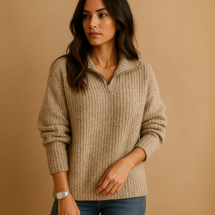 Svanhilde | Damen Halbzip-Strickpullover - Camel - Image 2