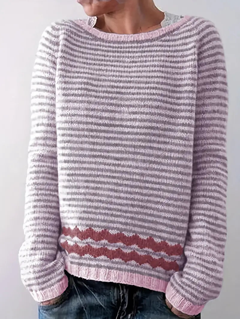 Svanhildr | Damen Strickpullover Streifen Rundhals - Light Pink - Image 1