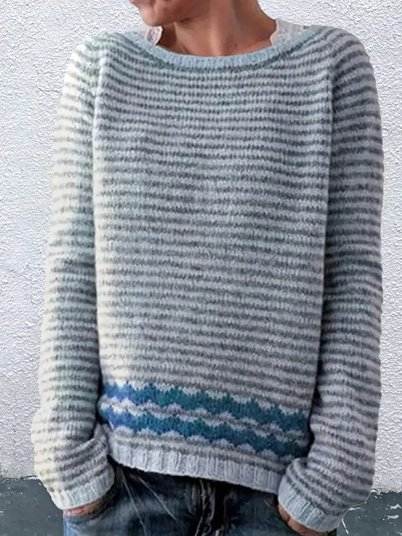 Svanhildr | Damen Strickpullover Streifen Rundhals - Light Pink - Image 2