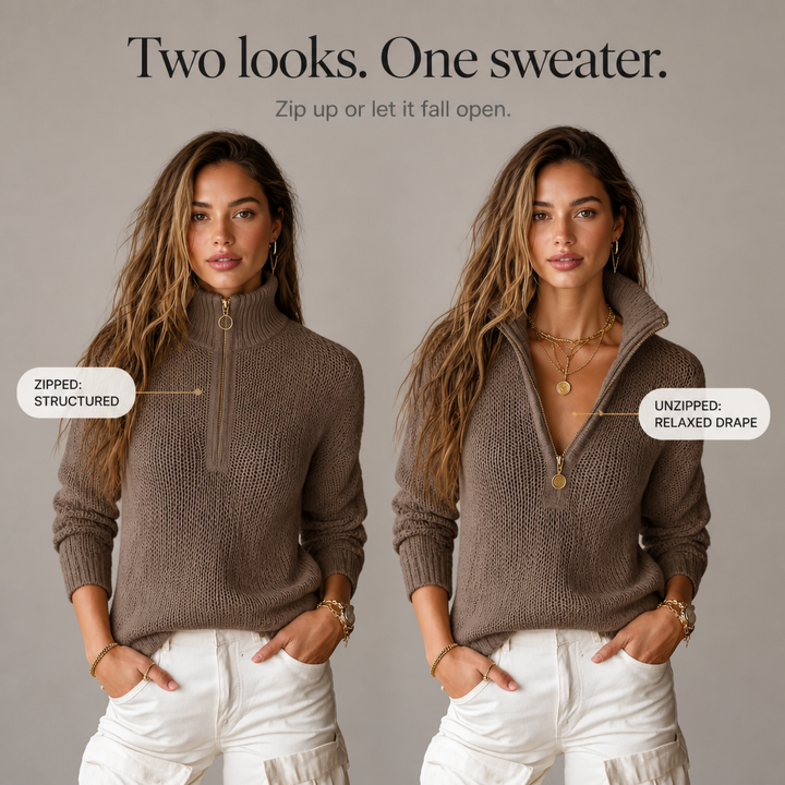 Svanhora | Damen Strickpullover mit Reißverschluss - Taupe - Image 6