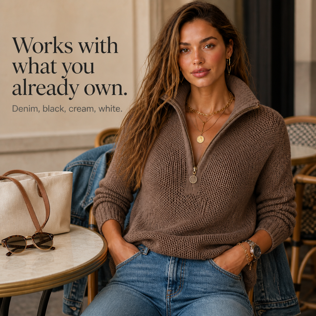 Svanhora | Damen Strickpullover mit Reißverschluss - Taupe - Image 8