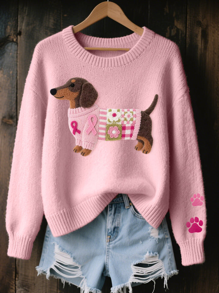 Svantje | Damen Strickpullover Dackel Motiv Rundhals - Pink - Image 1