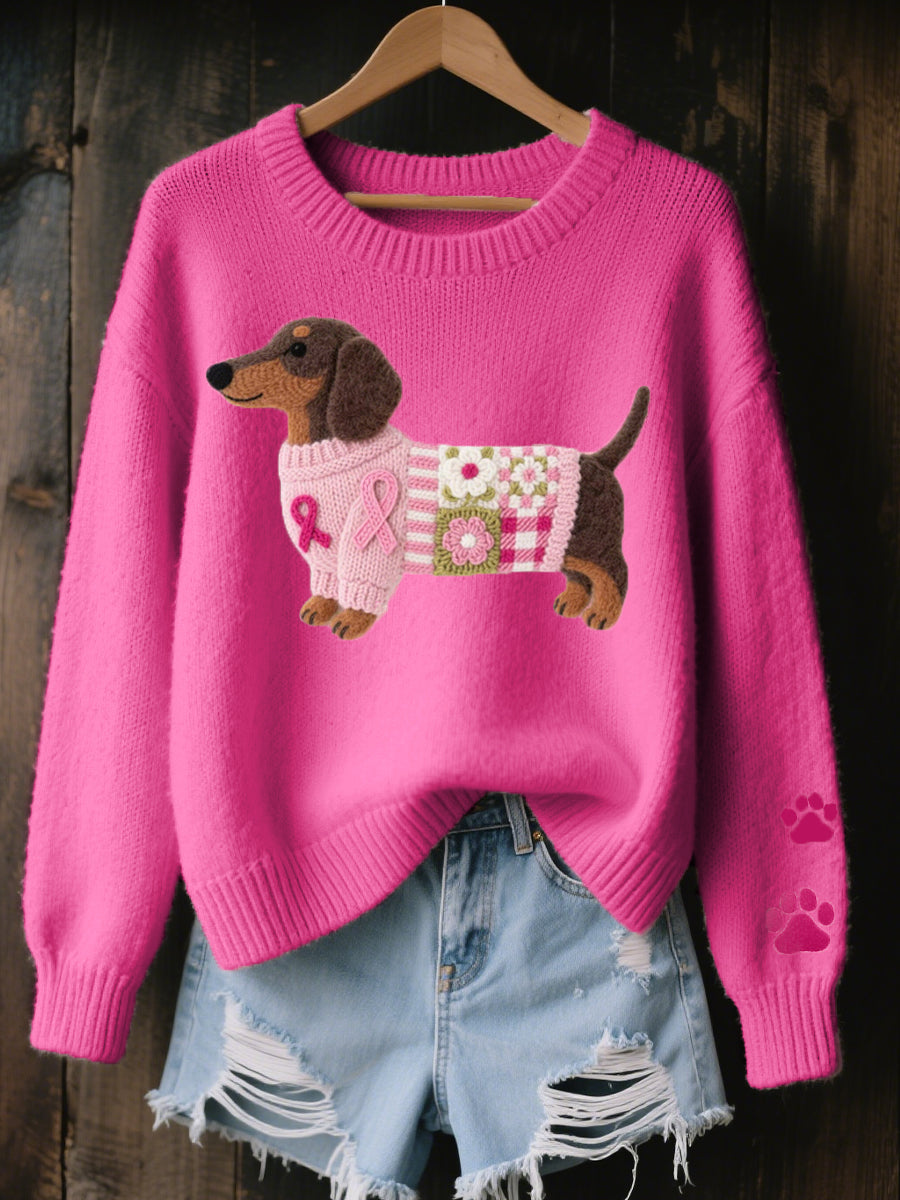Svantje | Damen Strickpullover Dackel Motiv Rundhals - Pink - Image 2