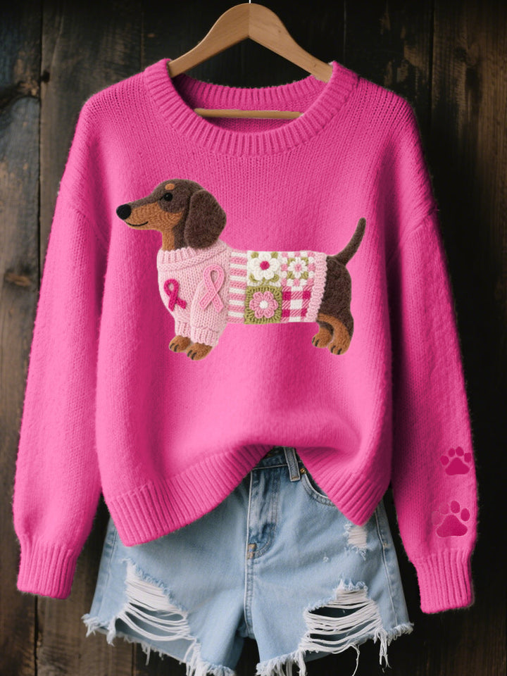 Svantje | Damen Strickpullover Dackel Motiv Rundhals - Pink - Image 2
